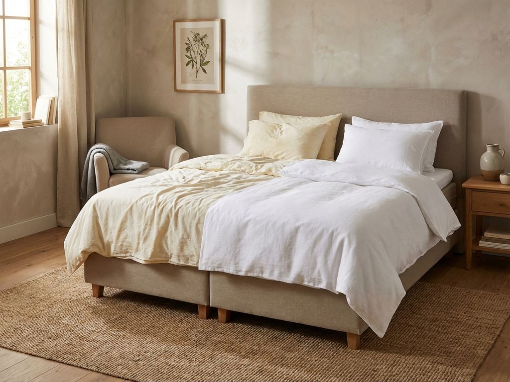 Slaapkamer met bed met vergeelde en witte lakens naast elkaar, natuurlijk licht toont kleurverschil tussen textiel