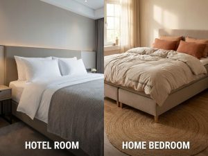 Split-screen vergelijking hotelkamer versus slaapkamer thuis met TimcoVoordeelmarkt boxspring en beige dekbedovertrek