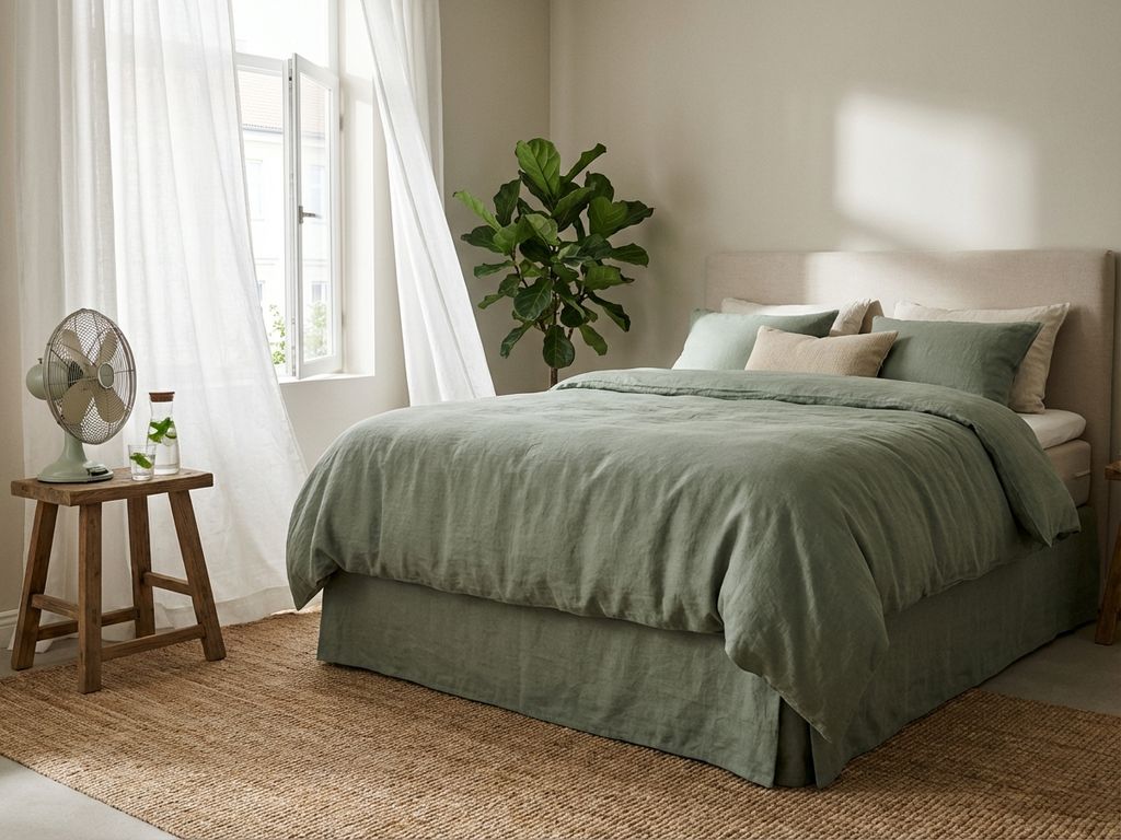 Slaapkamer met boxspring in beige tinten, ventilator op nachtkastje, open raam met wapperende gordijnen en koelende elementen