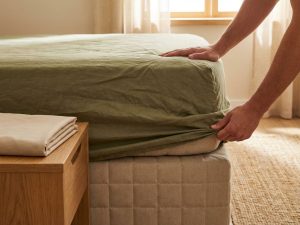 Gekrompen hoeslaken dat te strak over boxspring hoek wordt getrokken, met goed passend laken ter vergelijking in slaapkamer