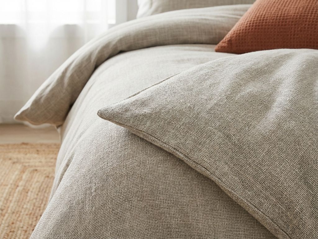 Luxe beddengoed close-up toont fijne weefstructuur en draadkwaliteit in beige en grijstinten met terracotta kussens