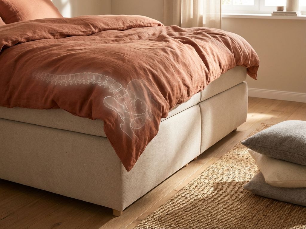 Beige boxspring bed met orthopedische matrastopper en terracotta dekbed, focus op heupgedeelte voor rugsteun
