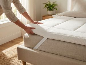 Witte matrastopper wordt op bed geplaatst, handen tonen juiste plaatsing op beige gestoffeerd bedframe