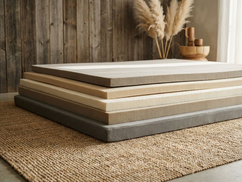 Verschillende matrasstoppers in beige en grijs op houten ondergrond met natuurlijke belichting en styling elementen