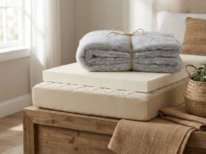 Verschillende matrasstoppers gestapeld op houten oppervlak: memory foam, latex en vezel in neutrale tinten