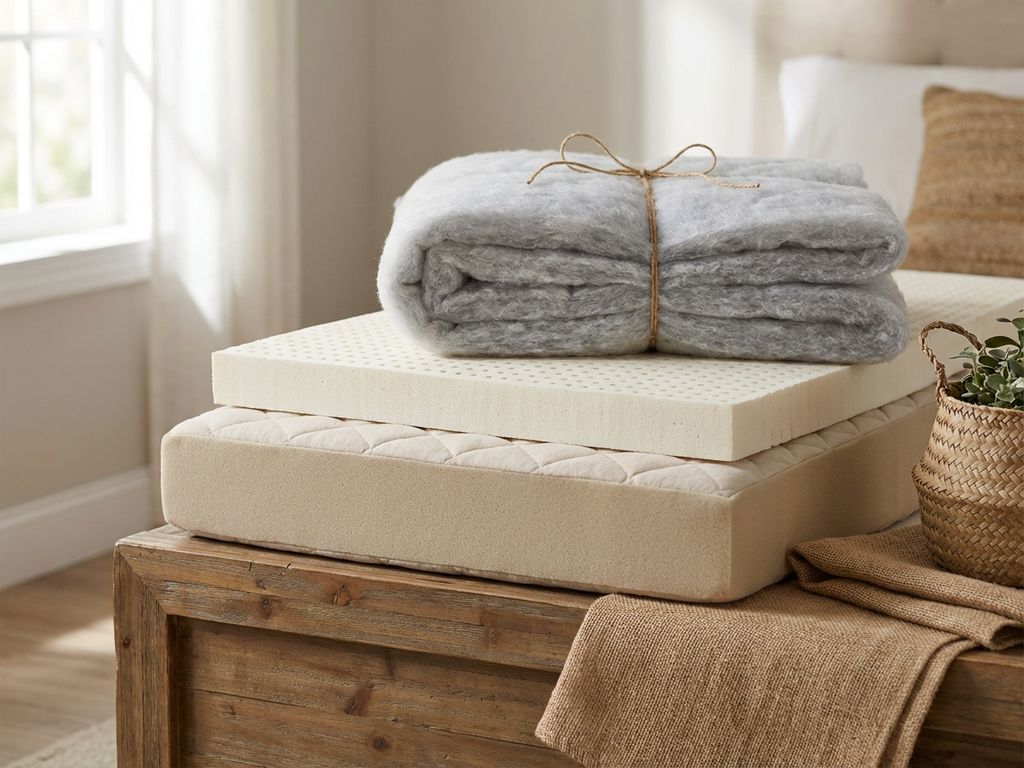 Verschillende matrasstoppers gestapeld op houten oppervlak: memory foam, latex en vezel in neutrale tinten