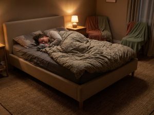 Persoon ligt onrustig in bed met vochtige lakens door nachtzweten in slaapkamer met beige boxspring en natuurlijke styling