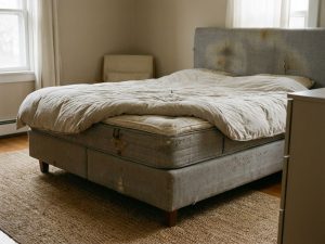 Oude boxspring met doorzakkende matras en versleten grijs hoofdbord in slaapkamer met natuurlijke belichting