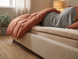 Persoon ligt op rugsteunend boxspring bed met beige gestoffeerd frame en terracotta dekbed voor spinale uitlijning