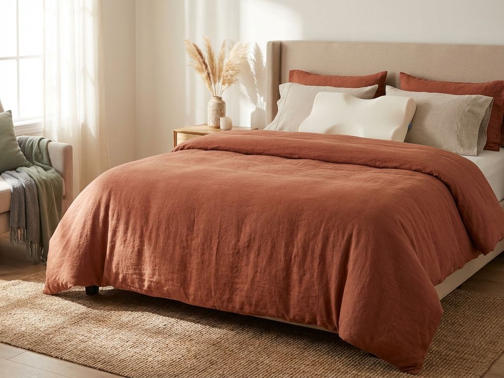 Slaapkamer met ergonomische hoofdkussens op bed met terracotta dekbed, demonstreert juiste nekondersteuning voor gezonde slaap