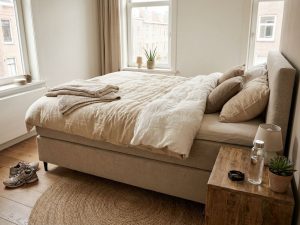 Beige boxspring bed met dekbed in georganiseerde slaapkamer met sportaccessoires, jute tapijt en natuurlijk licht