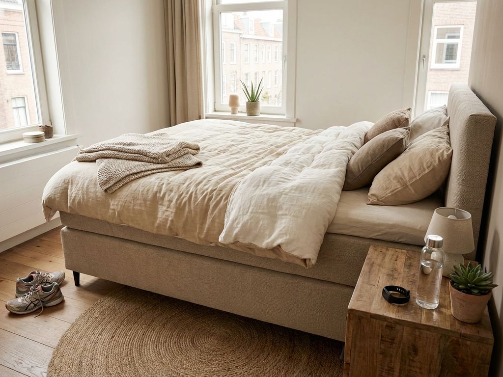Beige boxspring bed met dekbed in georganiseerde slaapkamer met sportaccessoires, jute tapijt en natuurlijk licht
