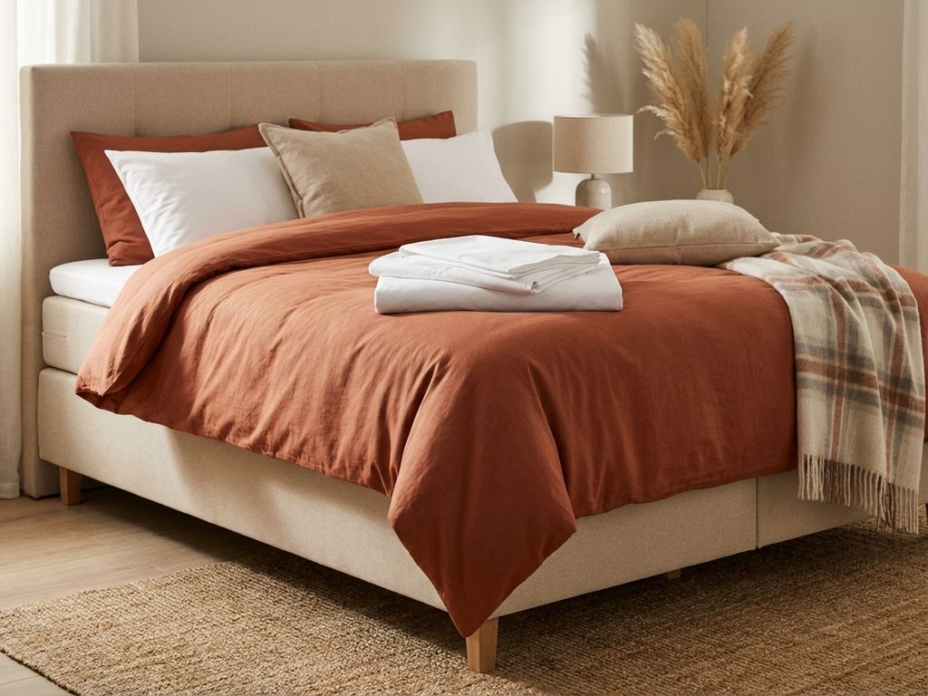 Beige boxspring bed met terracotta dekbed, opgevouwen wit beddengoed en sierkussens in warme slaapkamer