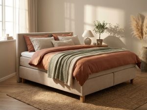 Serene slaapkamer met beige boxspring, terracotta dekbed, neutrale kussens en zachte ochtendlicht door raam