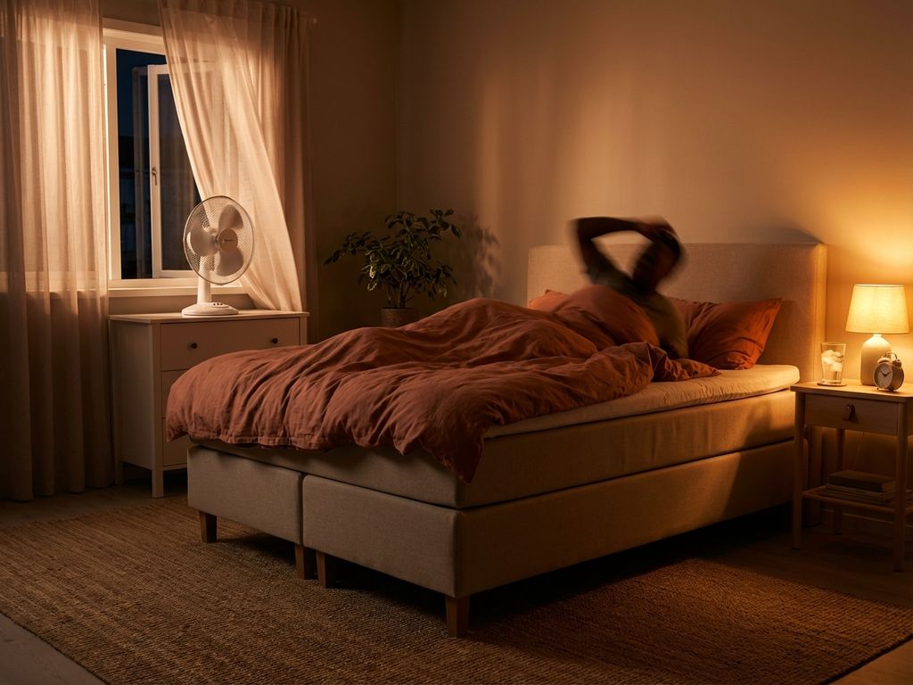 Persoon woelt onrustig in bed tijdens warme zomernacht, ventilator aan, open raam, terracotta dekbed op beige boxspring