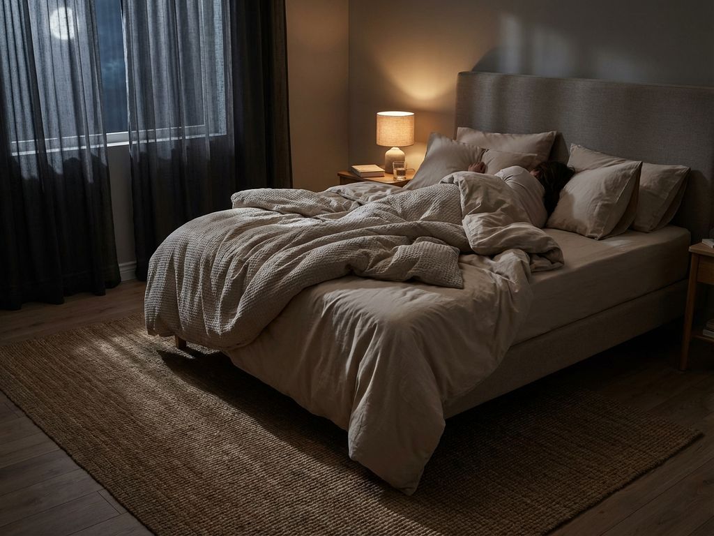 Persoon woelt rusteloos in bed met verfrommelde lakens tijdens slapeloze nacht in slaapkamer met maanlicht