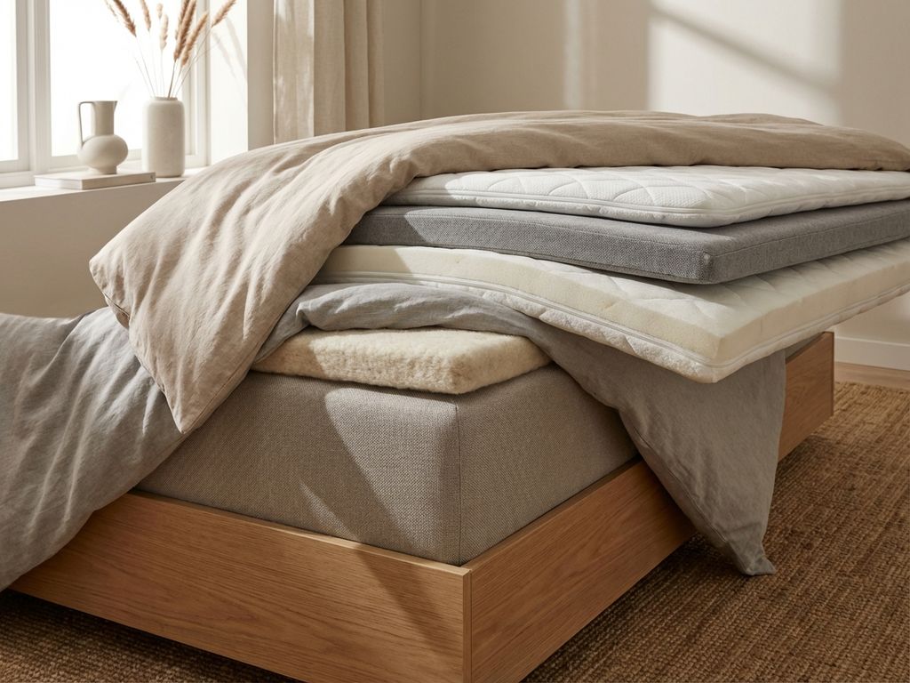 Drie topper diktes naast elkaar op boxspring bed, van dun naar dik, in warme beige tinten met natuurlijke belichting
