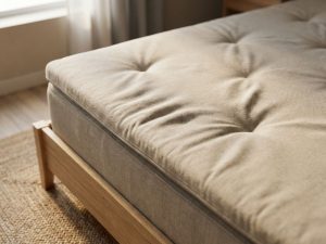 Beige matras topper met kuilen en indeukingen op boxspring bed, natuurlijke belichting toont textuurdetails