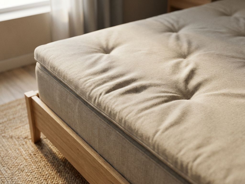 Beige matras topper met kuilen en indeukingen op boxspring bed, natuurlijke belichting toont textuurdetails