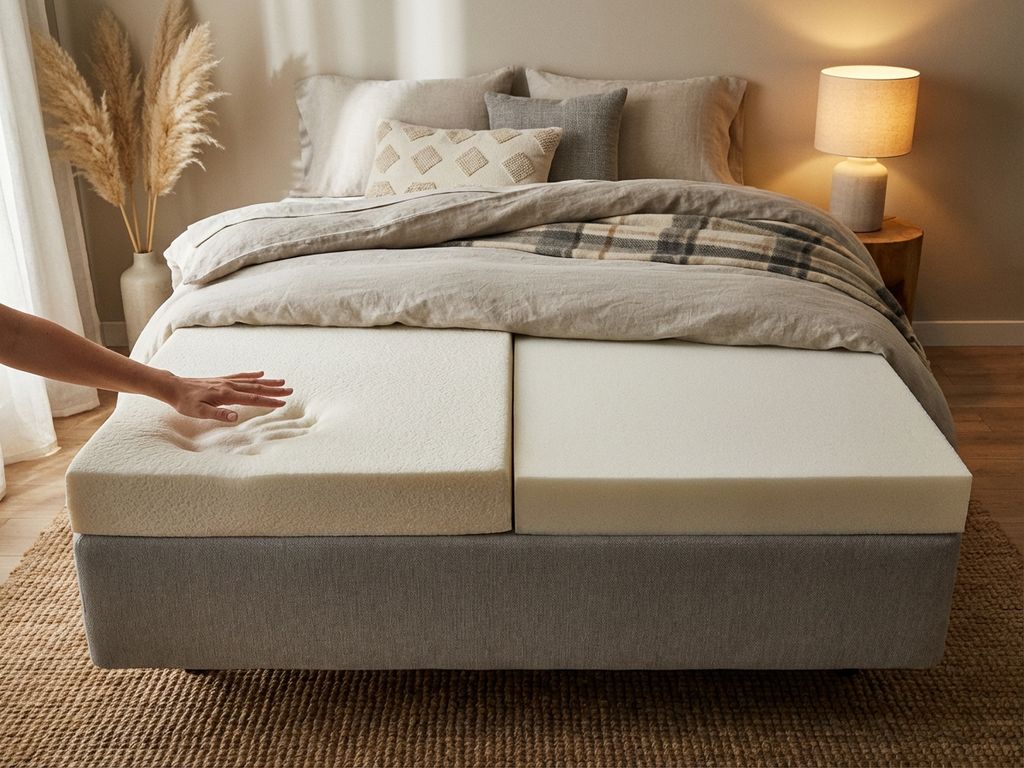 Twee matrasstoppers op boxspring: traagschuim topper links, koudschuim topper rechts in beige slaapkamer