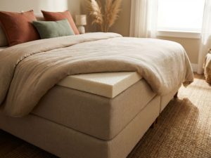 Traagschuim topper op boxspring bed met beige dekbed en terracotta kussens in natuurlijk verlichte slaapkamer