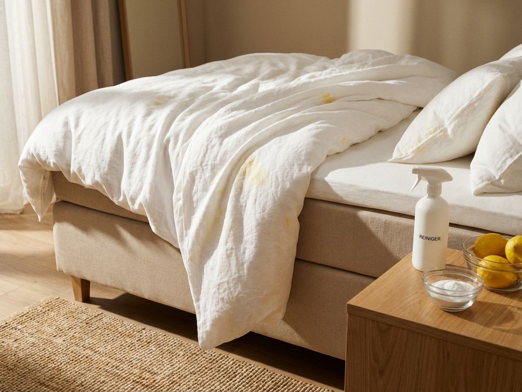 Wit beddengoed met gele vlekken op bed naast nachtkastje met reinigingsproducten zoals citroensap en baking soda