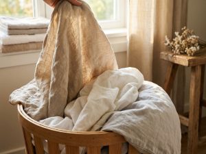 Verse katoenen lakens en linnenbeddengoed in natuurlijke tinten worden zorgvuldig gevouwen in houten wasmand