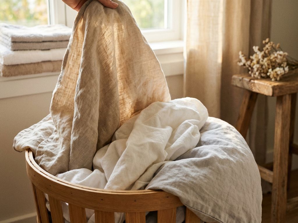 Verse katoenen lakens en linnenbeddengoed in natuurlijke tinten worden zorgvuldig gevouwen in houten wasmand
