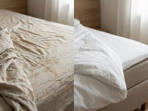 Vuile beige lakens links contrasteert met schone witte lakens rechts, toont belang van hygiëne en schone beddengoed