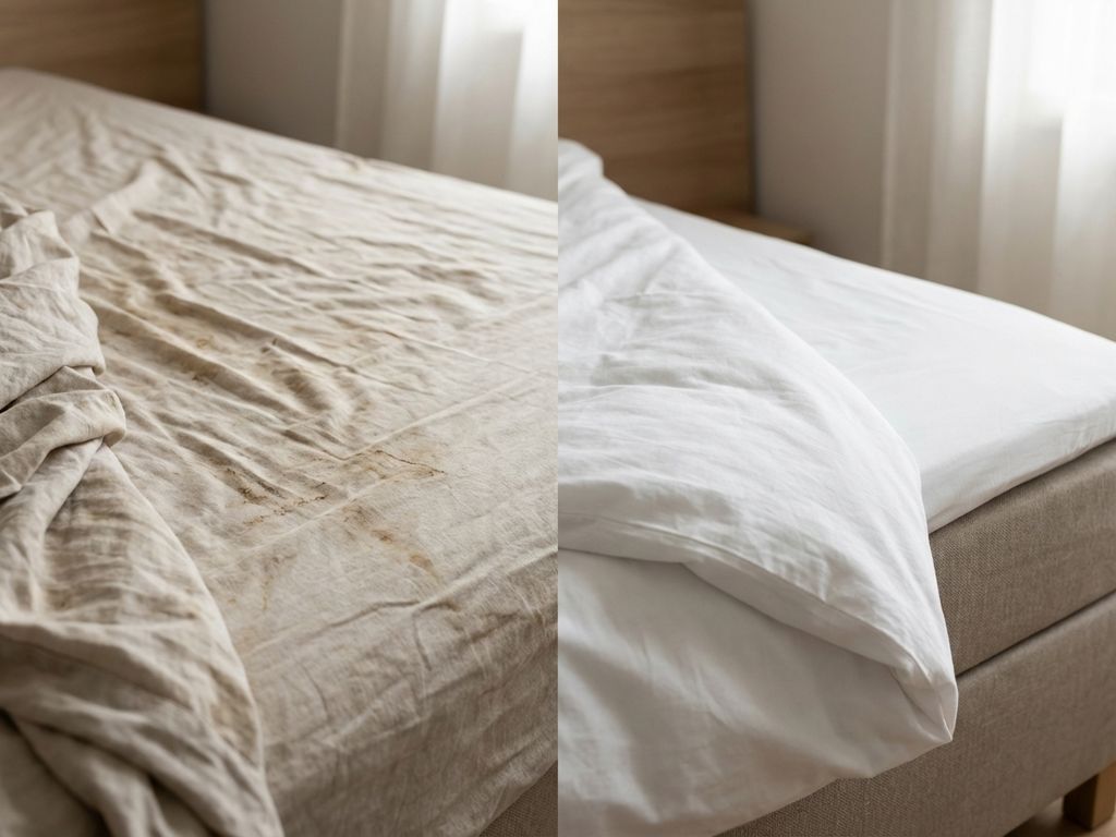 Vuile beige lakens links contrasteert met schone witte lakens rechts, toont belang van hygiëne en schone beddengoed