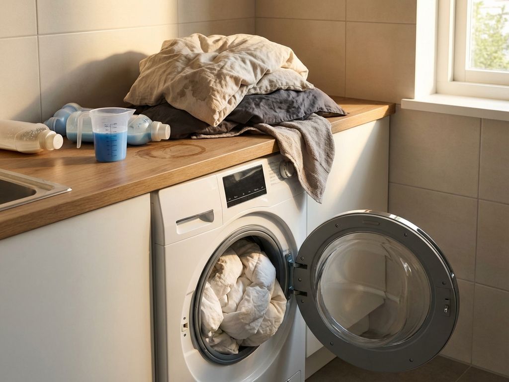 Wasmachine met open deur toont beschadigde dekbed met klontering, verkeerd gewassen beddengoed en gemorste wasmiddelen