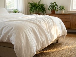 Wit dekbed op boxspring bed in lichte slaapkamer met natuurlijk zonlicht en groene planten op de achtergrond