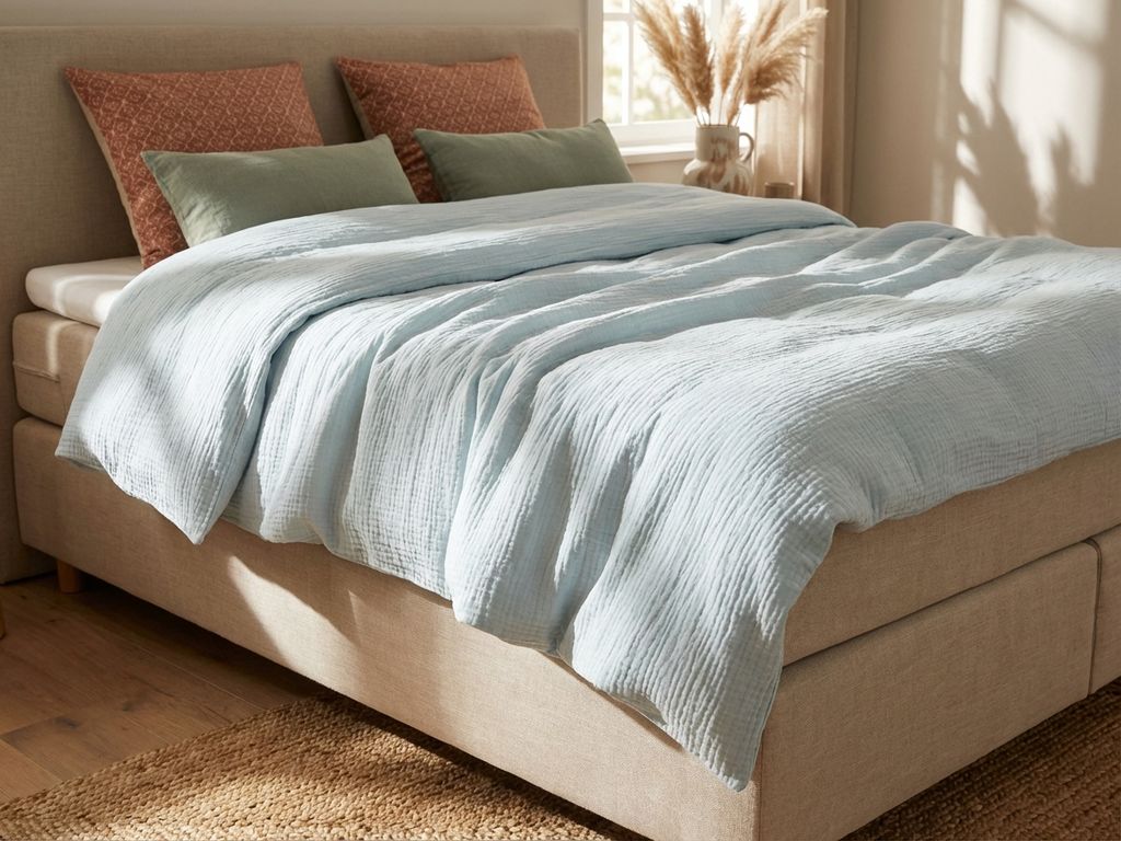 Lichtgewicht zomerdekbed in wit op boxspring bed met beige hoofdeinde en terracotta kussens voor warme slapers