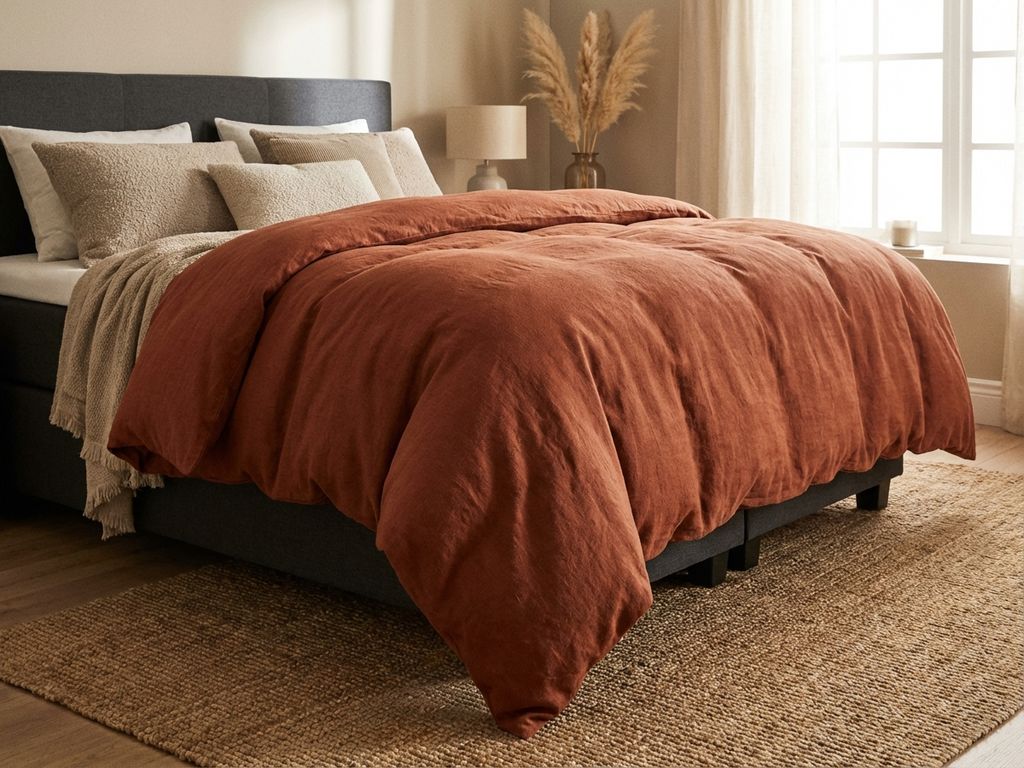Zwaar winterdekbed in terracotta kleur op boxspring bed in gezellige slaapkamer met natuurlijk licht