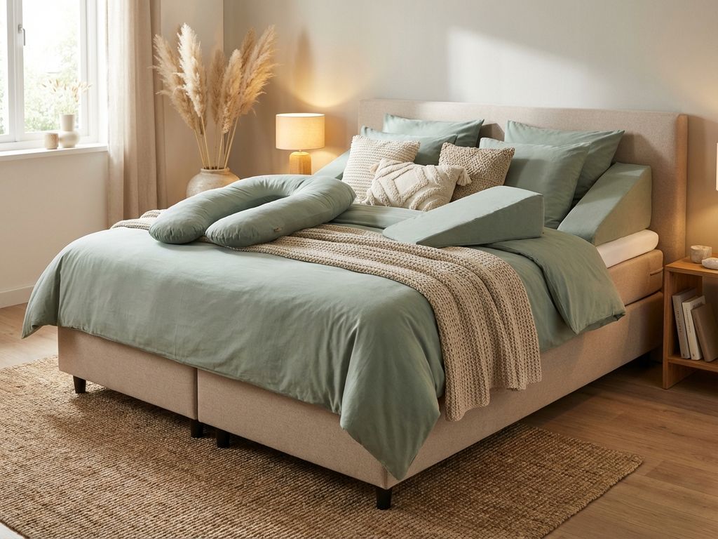 Complete boxspring bed met beige gestoffeerd frame en saliegroen dekbed in warme slaapkamer met zwangerschapskussens