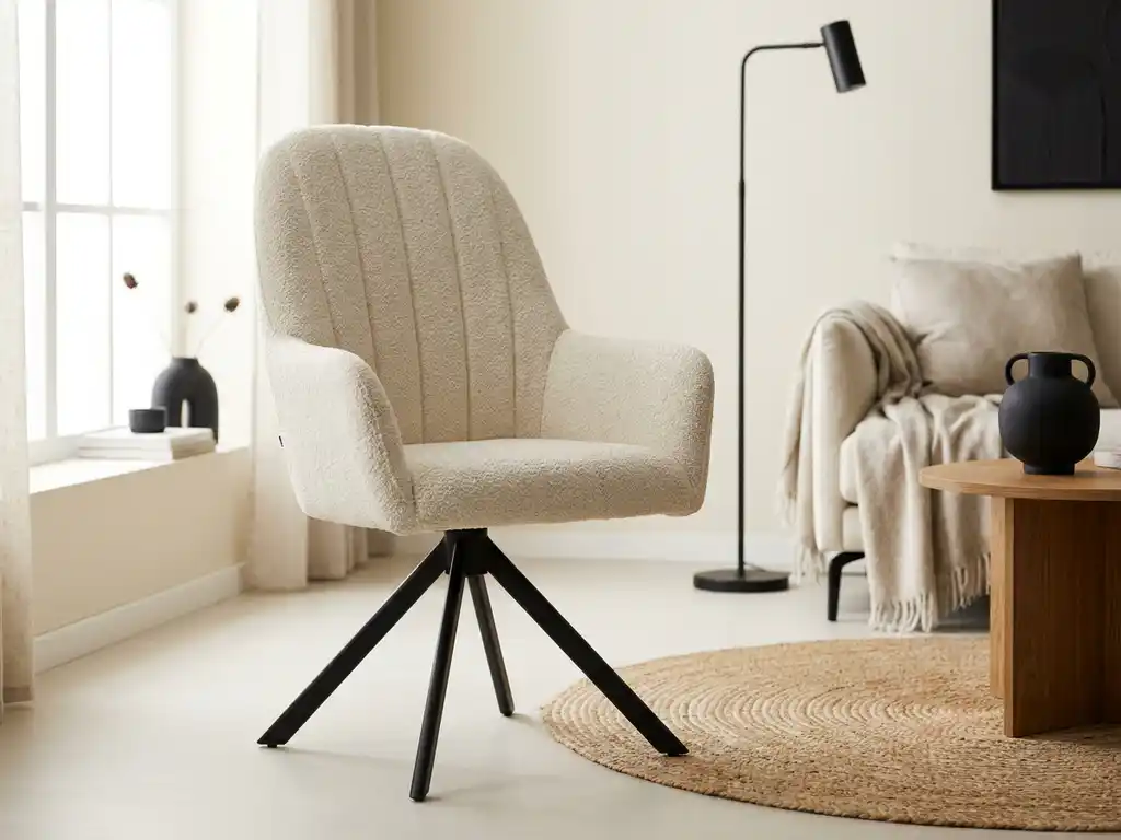 Crème bouclé draaistoel met hoge rugleuning, armleuningen en zwart metalen spiderpoot in een Scandinavische woonkamer.