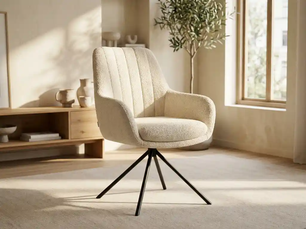 Crème bouclé draaistoel met hoog geribbeld rugkussen en zwart metalen spideronderstel in minimalistische woonkamer met zacht middaglicht.