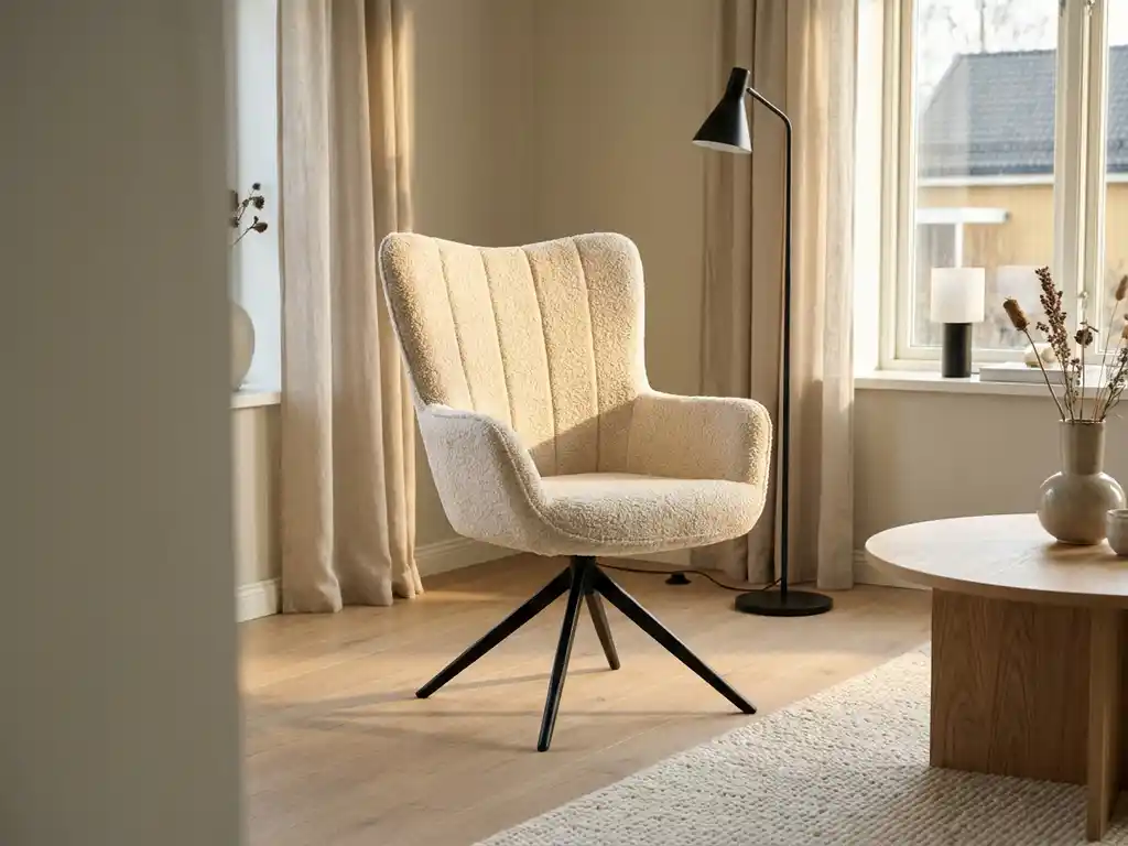 Crème bouclé draaistoel met hoge gebogen rugleuning, verticale stiksels en zwart metalen spiderpoot in Scandinavische woonkamer.