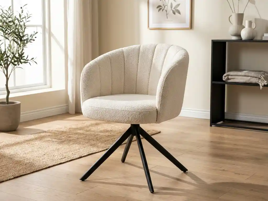 Crème bouclé draaistoel met hoge gebogen rugleuning en zwart metalen spideronderstel op licht eiken vloer in Scandinavische woonkamer.
