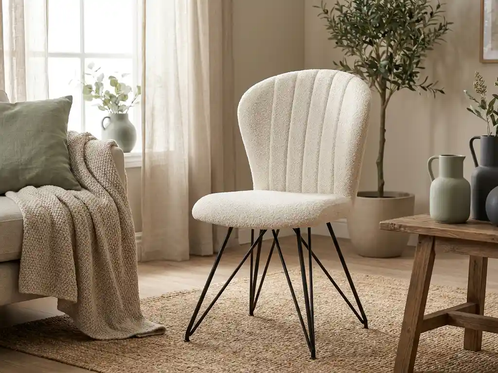 Crème bouclé eetkamerstoel met hoge gebogen rugleuning, verticale stiksels en zwart metalen spideronderstel in een serene woonkamer.