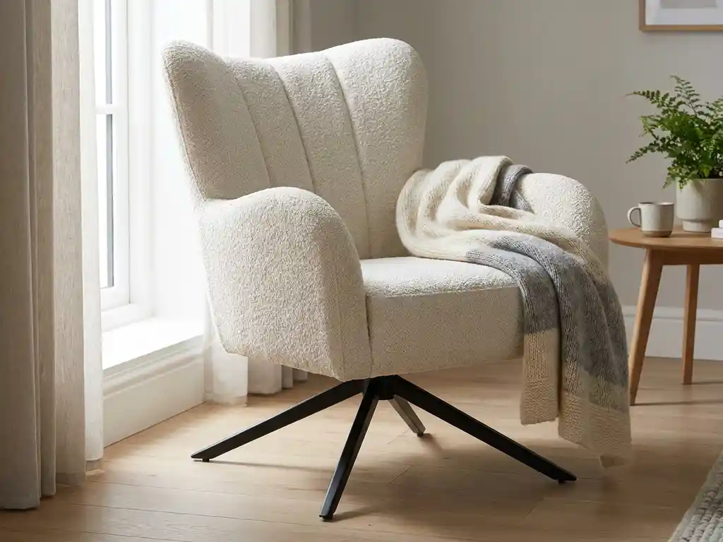 Crème bouclé eetkamerstoel met hoge gebogen rugleuning, ronde armleuningen en zwart metalen spinpoot in Scandinavische woonkamer.