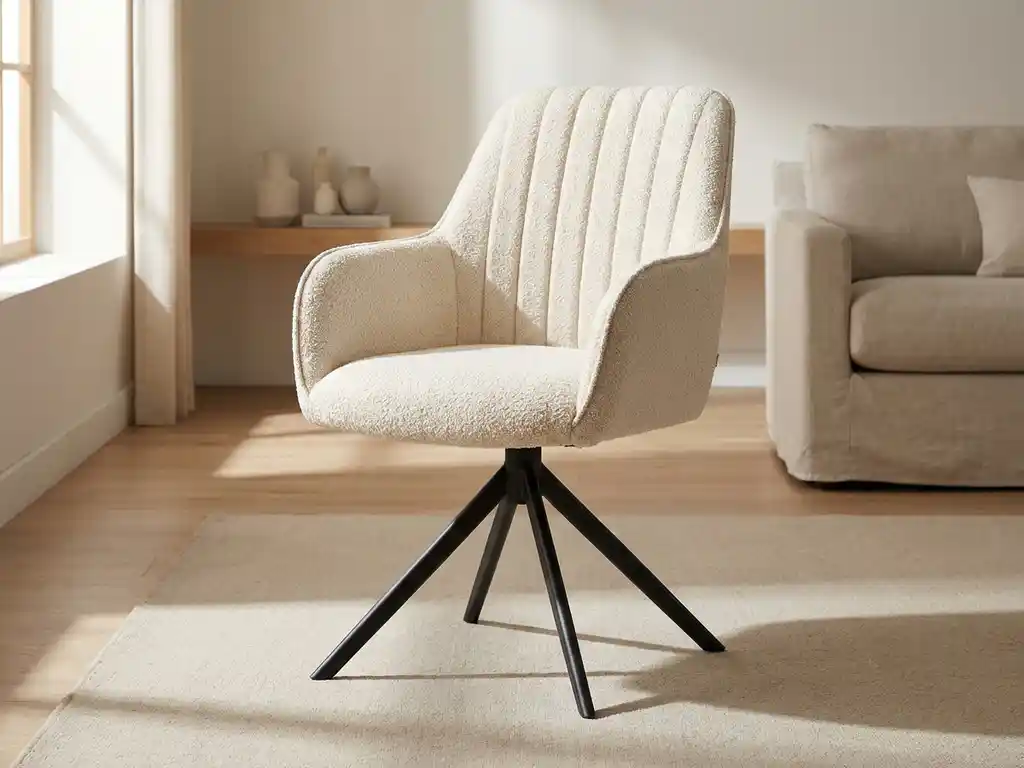 Crème bouclé draaistoel met hoge rugleuning, verticale stiksels en zwart metalen spideronderstel in minimalistische woonkamer.
