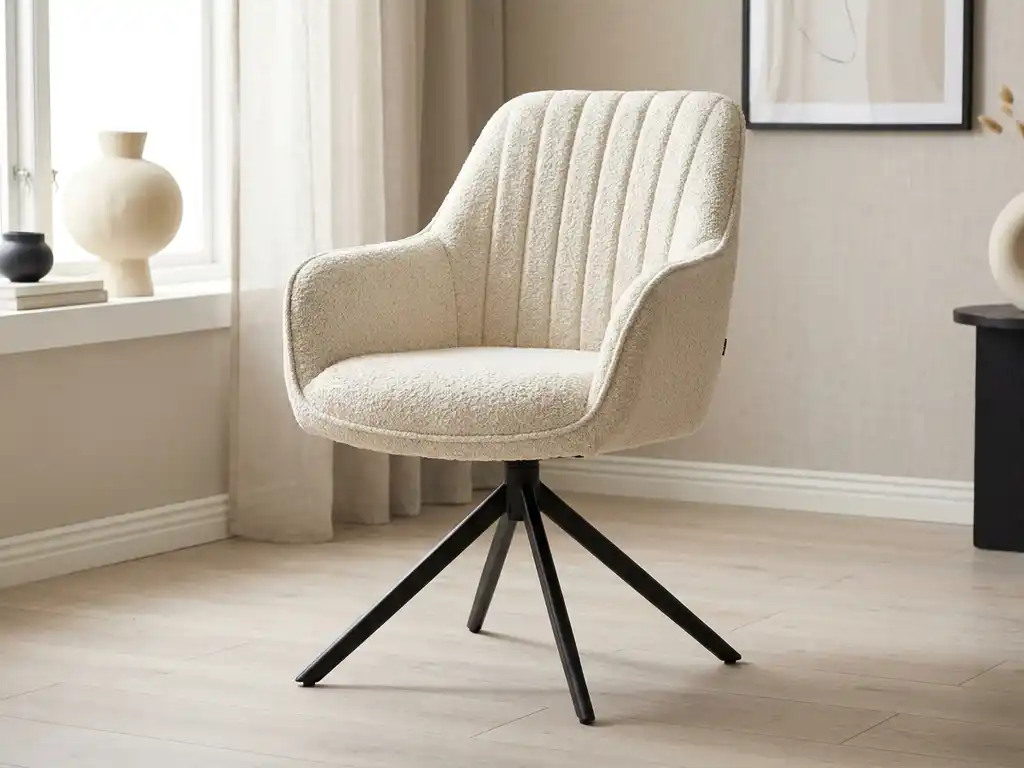 Crème bouclé draaistoel met hoge rugleuning en zwart metalen spideronderstel in Scandinavische woonkamer met natuurlijk licht.