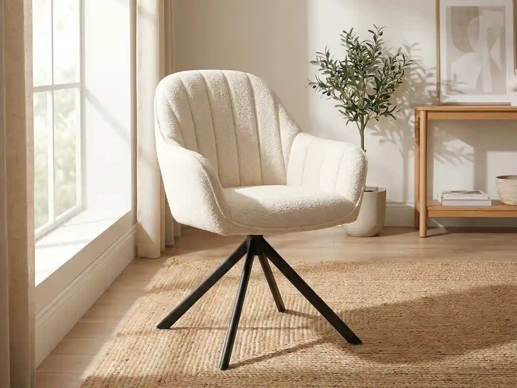 Draaibare eetkamerstoel met armleuningen in crème bouclé stof, hoge rugleuning en zwart metalen spideronderstel, Scandinavisch interieur.