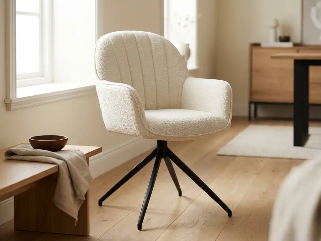 Crème bouclé draaistoel met armleuningen, hoge rug met stiksels en zwart metalen spideronderstel in Scandinavisch interieur.