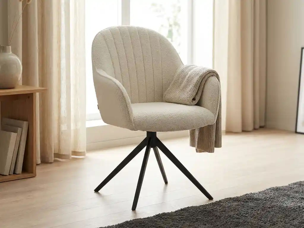 Crème bouclé draaistoel met hoge rugleuning en verticale stiksels op zwart metalen spideronderstel in Scandinavische woonkamer.