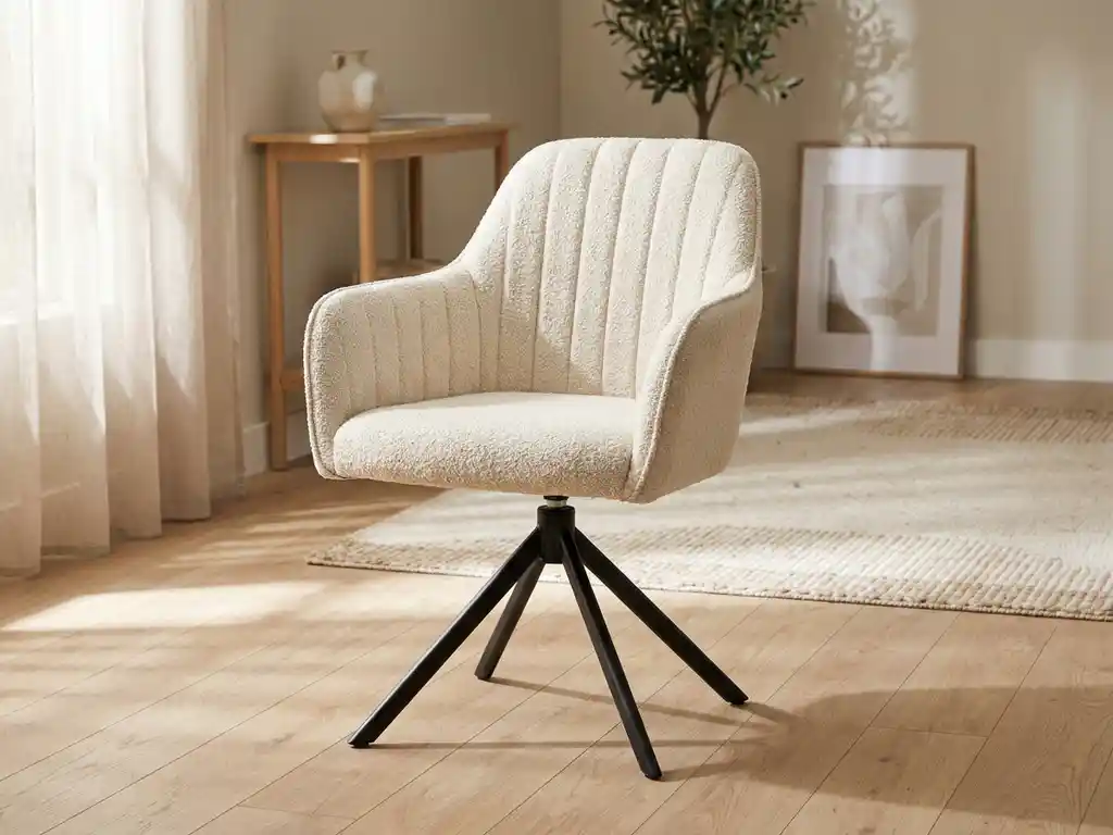 Draaibare eetkamerstoel met armleuningen, bekleed in crème bouclé stof, hoge rugleuning en zwart metalen spideronderstel in Scandinavische woonkamer.