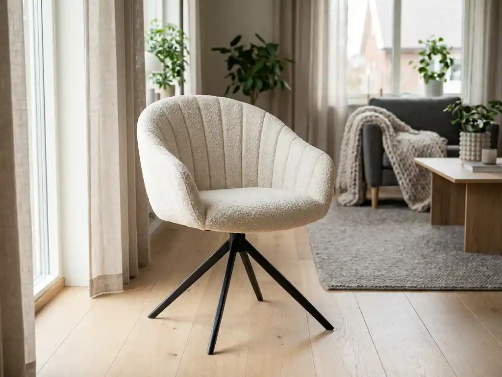 Draaibare eetkamerstoel met crème bouclé bekleding, hoge rugleuning met stiksels en zwart metalen spideronderstel in Scandinavische woonkamer.