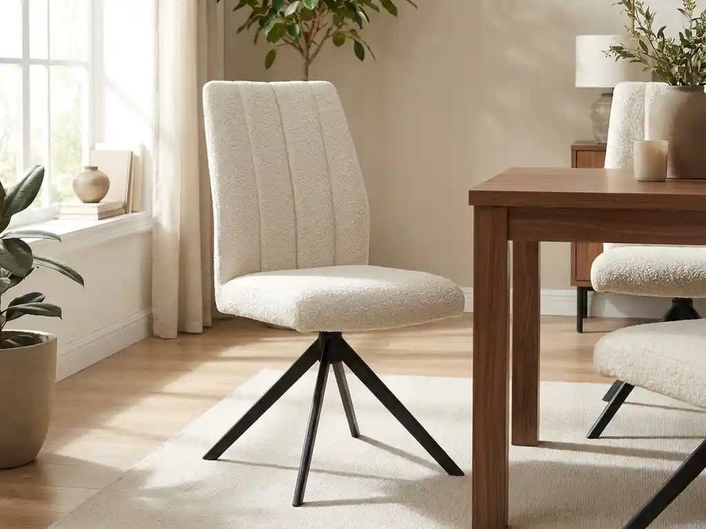 Crème bouclé draaistoel met hoge rugleuning en zwart metalen spideronderstel naast een walnoten eettafel in een zonnige woonkamer.