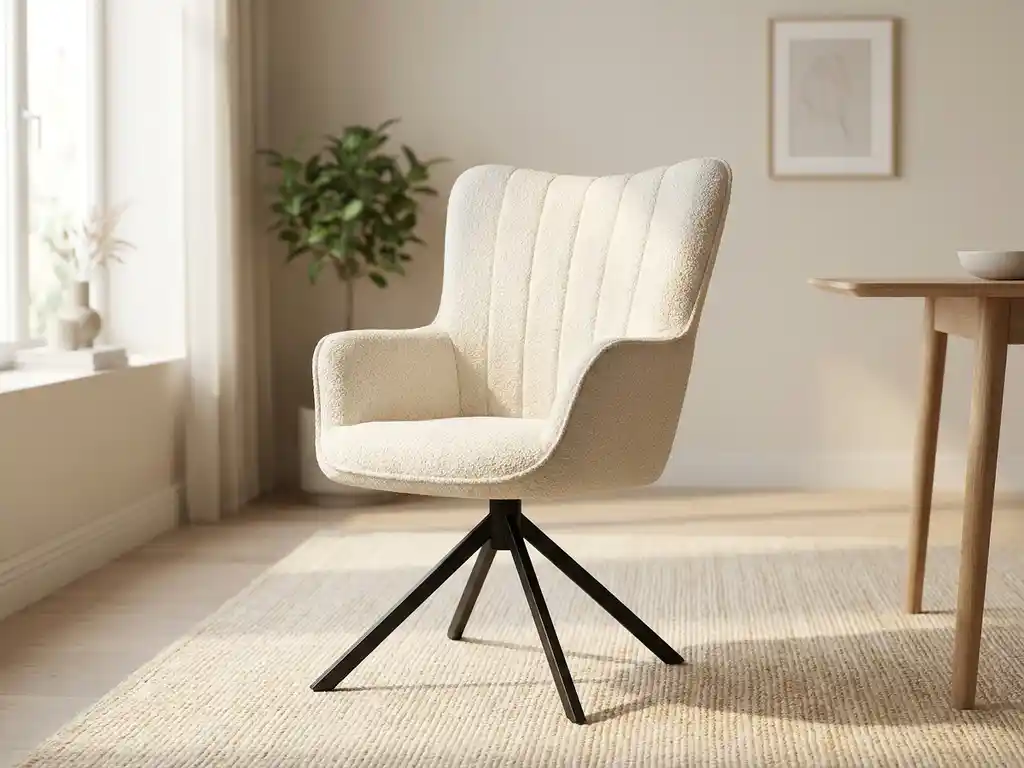Draaibare eetkamerstoel met armleuningen, crème bouclé bekleding met stiksels, hoog gebogen rugleuning en zwart metalen spideronderstel.